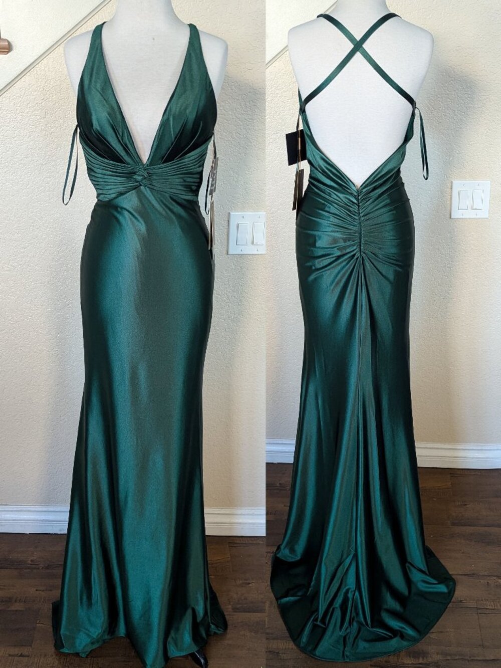 Emerald Green Deep V-Neck Satin Formal Dress 14